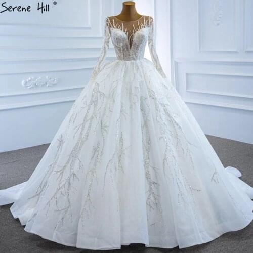 Serene Hill White Sparkle O-Neck Wedding Dresses 2020 Beading Long Sleeves High-end Bride Gowns HM67199 Custom Made