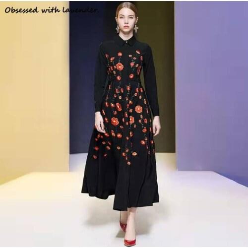 Spring 2020 New Womens Blended Heavy Industry Embroidered Lapel Long Sleeve Long Sleeve Dress