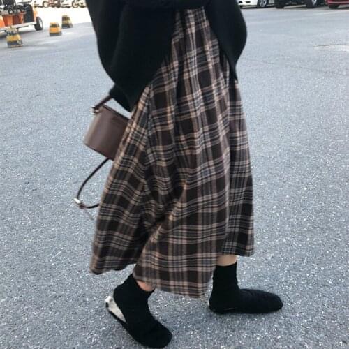 2021 New Women Spring High Elastic Waist A-line Long Plaid Skirt Casual Woolen Umbrella Skirts