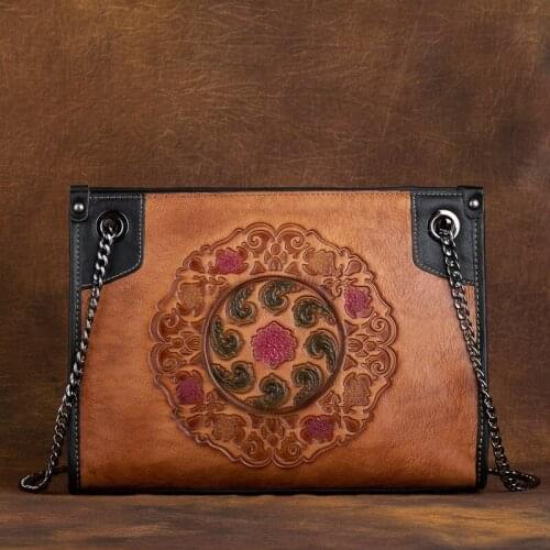 Johnature Retro Handmade Embossed Women Bag 2020 New First Layer Cow Leather Shoulder Bags Luxury Floral Female Messenger Bag