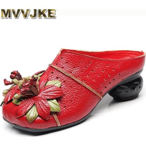 MVVJKE New Fashion Holes Flower Slippers 4cm Square Woman Genuine Leather Shoes High Quality Point Toe Pumps Loafers Mules E042