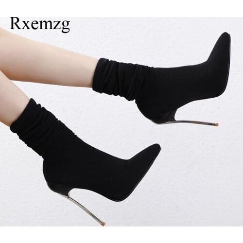 Rxemzg Autumn Stretch Fabric Knee High Boots Fashion Black Pointed Toe Long Boots Ladies Thin Heels Party Modem Boots High Heels