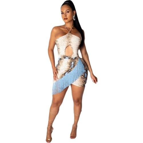 Adogirl Snakeskin Print Tassel Sexy Dress Women Summer Cutout Halter Bodycon Asymmetrical Mini Dress Night Club Party Vestidos