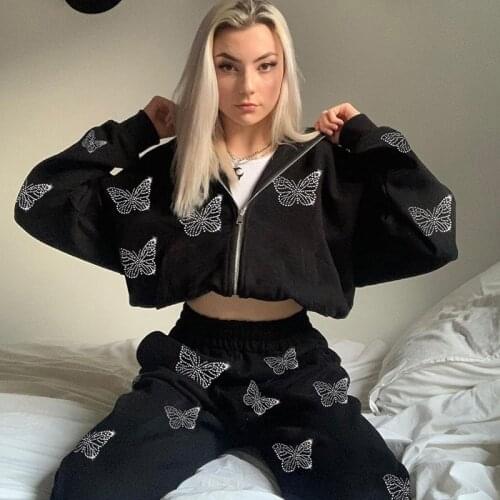 Winter Oversized Long Sleeve women sweetshirts Casual Harajuku y2k Butterfly Rhinestone print zipper Hoodies grunge Streetwear