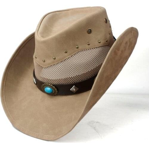 100% Leather Men Women Mesh Western Cowboy Hat Wide Brim Hat Outdoor Sombrero Hombre Cowgirl Hat Turquoise