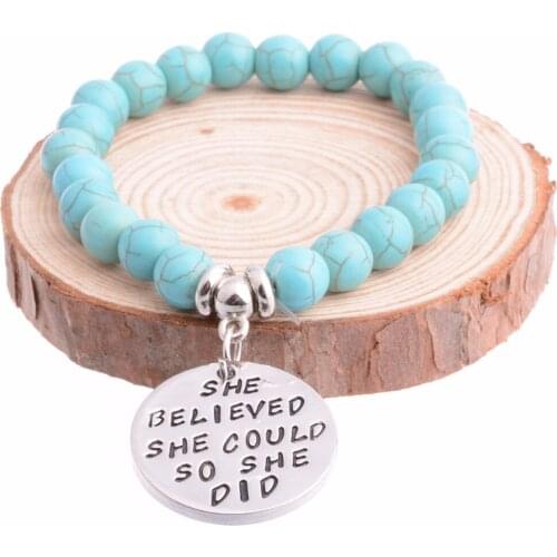 12PC/Lot Charm Natural Stone Beads Bracelet She Believed She Could So She Did Bangle For Women Men Family Friends Bracelets Gift