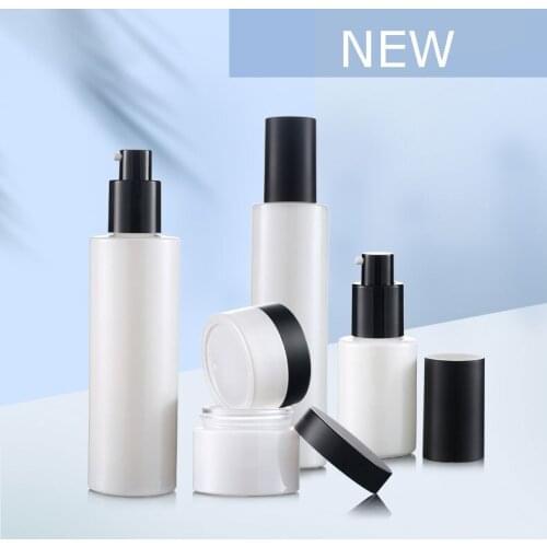 300pcs/lot 30/50g White Glass Cream Jar Pot 120/100/30ml Lotion Pump Bottle Perfume Bottle with black lid Cosmetic Container