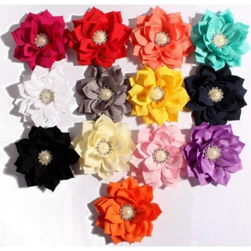 50pcs/lot 3.6" 13colors Hair Clips Lotus Flower With Rhinestone Pearl Button For Hair Accessories Fabric Flowers For Headbands