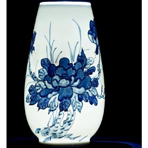 White And Blue Modern Luxury Handmade Hand Painted Bamboo and Peony Flower Small Ceramic Flower Vases For Countertop