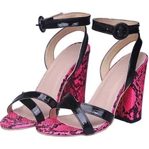 Sexy Womens Color Snake Print Thick Heel Sandals Snakeskin Buckle Fashion High Heel Sandals Large Size 43 Zapatos De Mujer