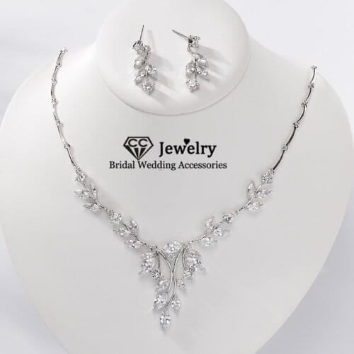 CC Bridal Jewelry Set Necklace Drop Earrings 2pcs Wedding Accessories for Women Elegant Leaf Shape Jewellry Party Pendant KC30