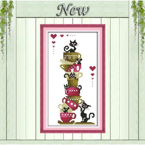 Black cats on the cups diy painting counted printed on canvas DMC 11CT 14CT kits Chinese Cross Stitch embroidery needlework Sets