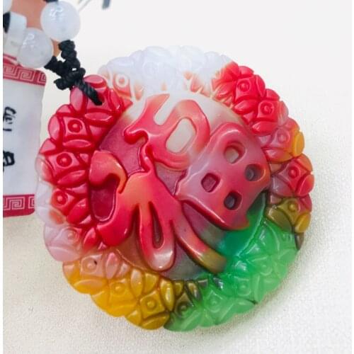 Pure natural colorful jade hand-carved multi-color round blessing pendant with three-color bead necklace men and women sweater c