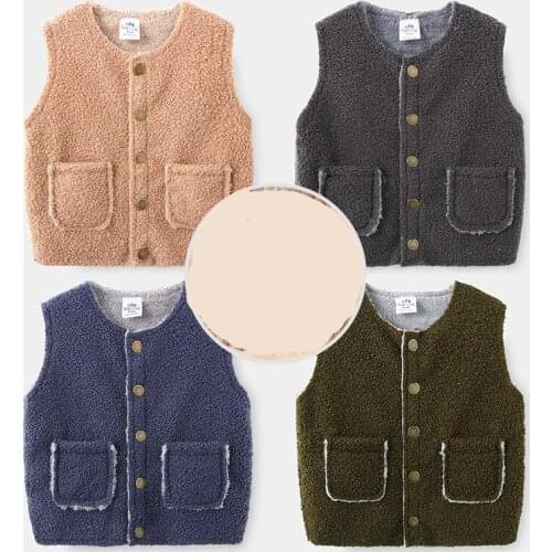 Childrens Clothes Winter Baby Boy Waistcoat Korean Solid Pocket Lamb Wool Vest for Boy Kids Thick Plus Velvet Vest Cardigan New