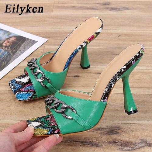 Eilyken Fashion Leopard grain Metal Chain Square Toe Women Dress Slippers Summer New Snake Print Thin High Heels Slides Shoes