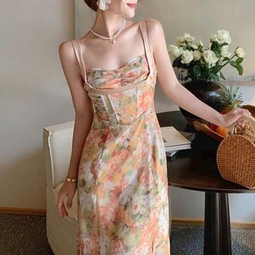 French Floral Strap Midi Dresses Women Summer 2021 Design Sleeveless Boho Beach Dresses Females Sexy One Piece Dress Korean