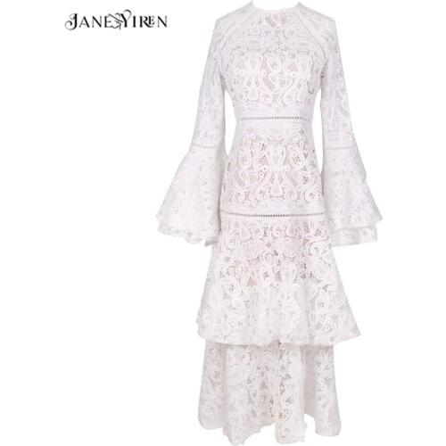 JaneYiren Fashion Designer Runway Dress Autumn Winter Womens Flare Sleeve White Lace Cascading Ruffle Dresses High Quality