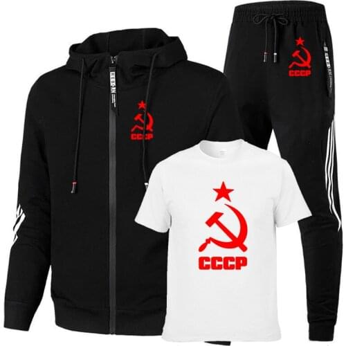 High quality Cotton Spring Autumn Zip Jacket CCCP Russian USSR printing Mens jacket + sweater + pants three-piece suit