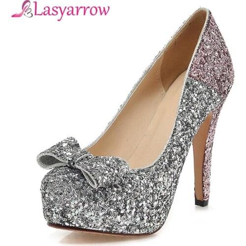 Lasyarrow Wedding Shoes Women Pumps Summer Shoes Round Toe Thin Heel Bow-tie Platform Sexy Bling Bling Party Shoes Women RM608