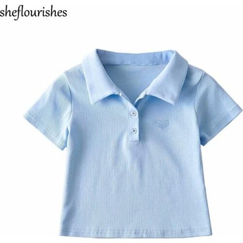 Summer polo shirt women korean t shirt knitted short sleeve tees polo collar embroidered top casual basic cropped shirts white