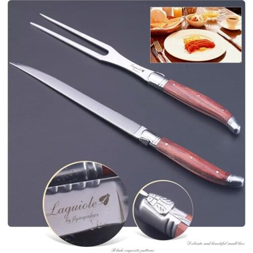 2pcs Laguiole Stainless Steel Carving Knife Set Steak Knives Fork Wooden Kitchen Dinnerware Wood Cutlery Tableware Xmas Gift