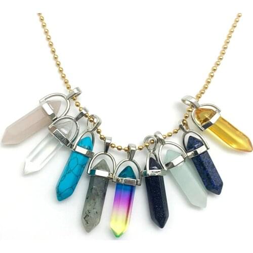 Natural Stone Necklace Pendant Hexagonal Bullet Gold Silver Stainless Steel Chain Rose Quarters Wholesale Sale