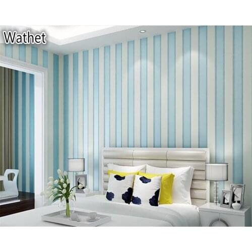 Beibehang Light yellow Coffee Wathet Simple Mediterranean non woven vertical stripe wallpaper warm bedroom study room background