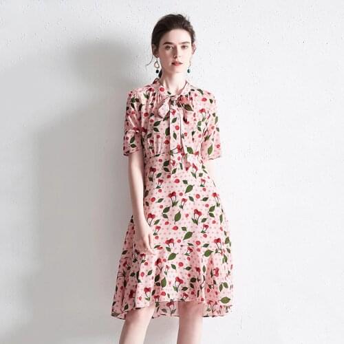 Pink Print Cherry Floral Silk Dresses Women Fashion 2021 Summer Long Casual Sexy Office Work Daily Dress Plus Size Slim Fit A