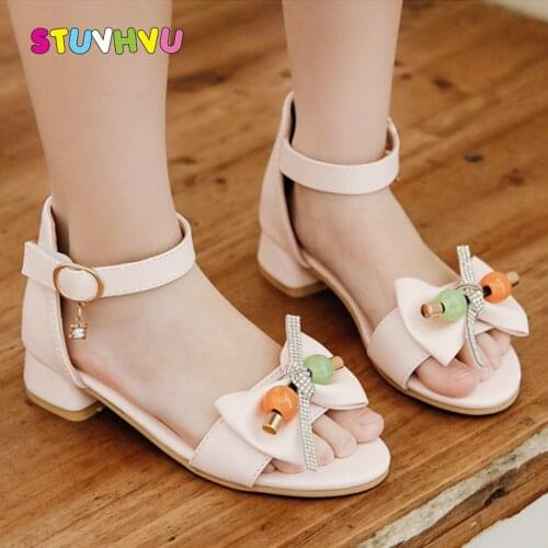Girls High-heeled Sandals Summer 2021 New Soft-soled Childrens Shoes Open-toe Rhinestone Bow Leather Kids Sandals Girls Shoes