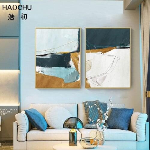 HAOCHU Nordic Poster Blue & Black Vintage Abstract Texture Line Art Print Picture Canvas Painting For Hotel Corridor Wall Decor