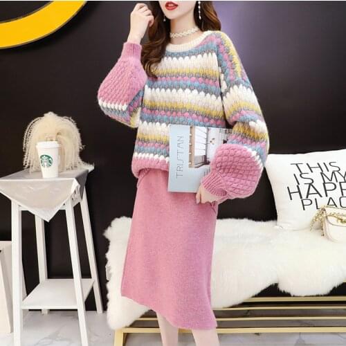 Striped O Neck Knitted Jumper For Women Sweater 2 Piece Sets Pullover Tops + Skirt Chic Long Sleeve Thick Christmas Sweatersuits