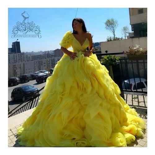 Yellow Tulle Tiered Ruffles Prom Dresses Lush Summer Puffy Rhinestone Evening Gowns Girls Celebrity Pageant Gowns Bridal Dresses