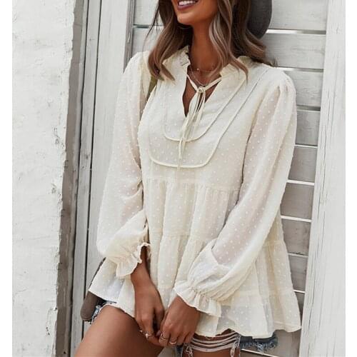 Women V Neck Tie-up Shirt Autumn Spring Clothes Ladies Long Sleeve Solid Pullovers Ruffle Hem Casual Fashion Perspective Blouse