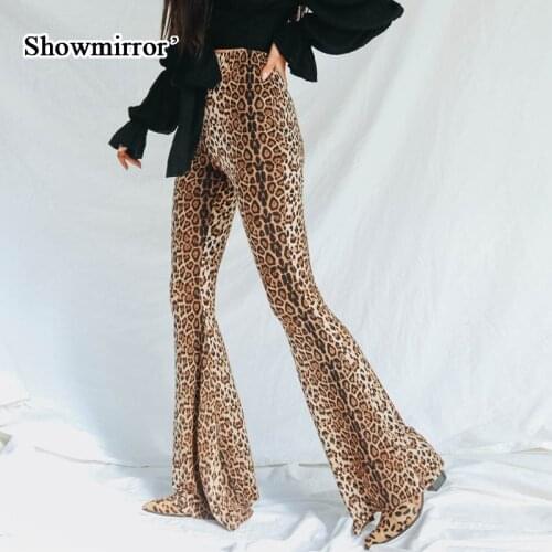 Showmirror Women Korean Fashion Skinny Leopard Print Bell-bottoms Summer High Waist Stretch Long Pants Streetwear 2021