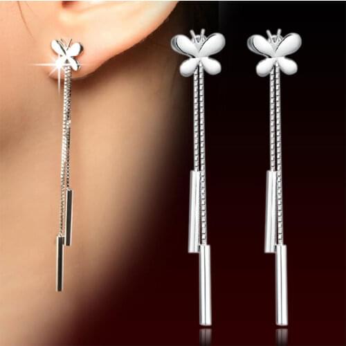 ANENJERY 925 Sterling Silver Butterfly Long Tassel Drop Earrings For Women Gift Boucle d'oreille oorbellen S-E67