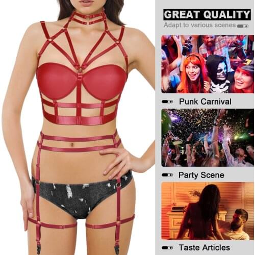 Women 2-Piece Set Sexy Body Bondage Erotic Lingerie Sets Cage Bra Tops With Leg Harness Garter Belt Bdsm Outfit Halloween Fetish