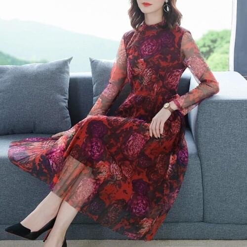 2021 Autumn Korea floral chiffon Long sleeve Dresses Vintage 3XL Plus Size Beach maxi Women Dress Elegant Bodycon Party Vestidos