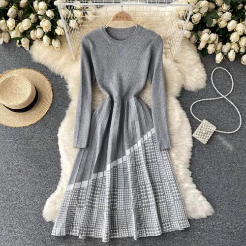 Women Retro Knitted Dress Long Sleeve O Neck A-line Autumn Winter Vintage Sweater Matching Colors Dress 2021 New