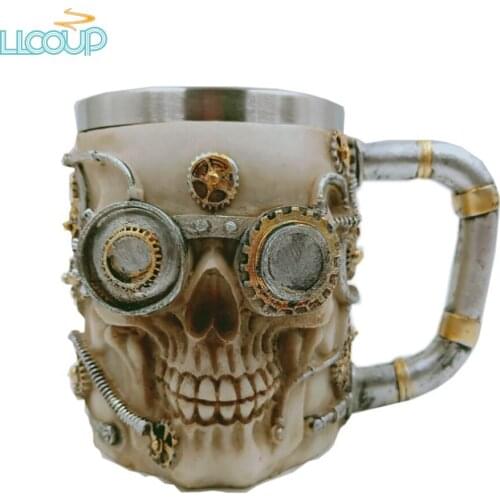 13oz Skull Coffee Mug Stainless Steel Mugs Mechanical Gear Pipeline Design Beer Stein Tankard Drink Cup for Men Halloween Decor