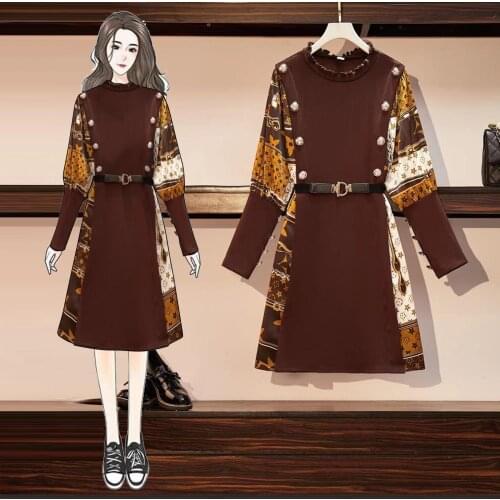 2021 Spring New Loose Stitching Elegant Dress A-Shaped Skirt Long-Sleeved Knitted Round Neck Fashion L-4XL