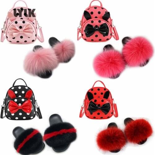 Kids Soft Fox Fur Slippers Childrens Fluffy Slides Home Plush Shoes Baby Cute Cartoon Bowknot Backpack Set Girls Shoulder Bags
