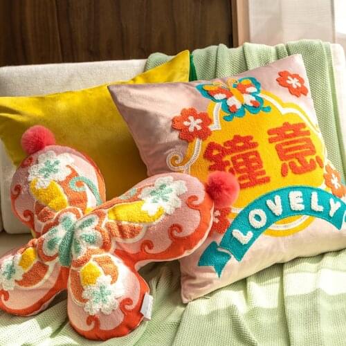 DUNXDECO Cushion Cover Decorative Pillow Chinese Chic Romantic Loverly Pink Butterfly Embroidery Sofa Chair Bedding Coussin