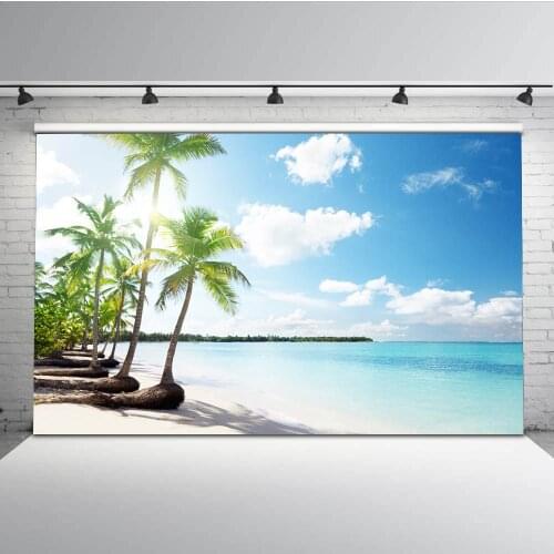Mehofoto White Cloud Beach Backdrops Blue Sky and Sea Island Photo Booth Backgrounds for Photography Sun Palm Tree Props G-511