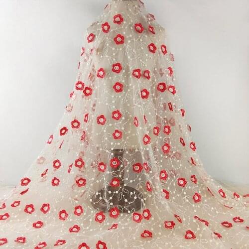 Exquisite Sequined Lace Fabric Red Flowers Tulle Mesh Lace Fabric Sell By The Yard