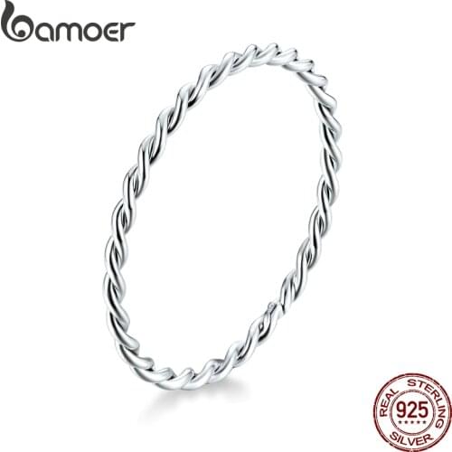 Bamoer Twisted Minimalist Finger Rings for Women 925 Sterling Silver Hypoallergenic Jewelry Gift Female Slim Ring SCR640