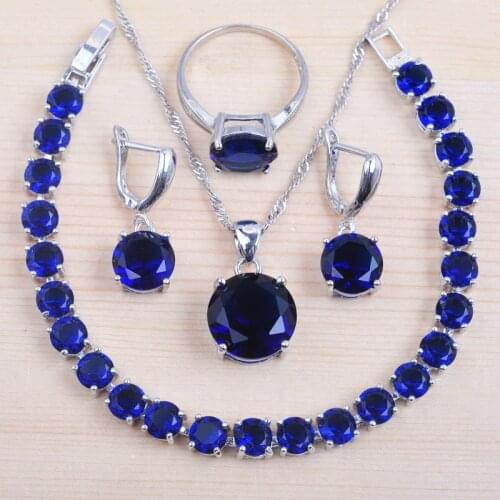 Classic Blue Zirconia Round For Women Silver Color Jewelry Sets Wedding Crystal Bracelet Necklace Pendant Earrings Ring QS0219
