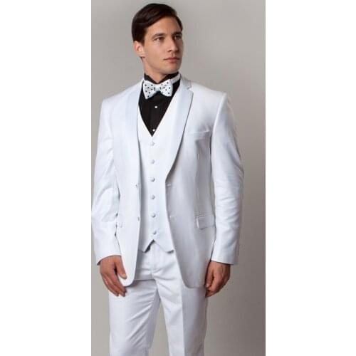 Pure White Three Pieces Mens Wedding Suits Slim Fit Two Buttons Jacket Vest Pants Button Down Business Costumes for Work Men