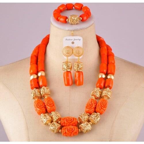 Pretty orange nigerian coral beads african jewelry set C21-27-01