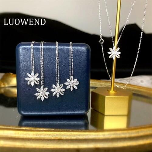 LUOWEND 100% Real 18K White Gold Pendant Necklace Marquise Cut Diamond Necklace Trendy Wedding Anniversary Flower Desgin