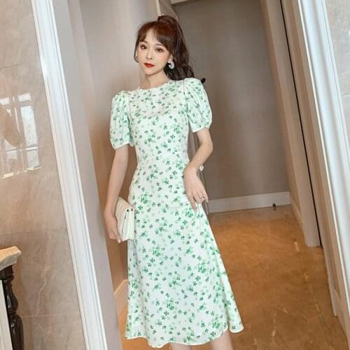 Fashion Summer French Vintage Puff Sleeve Midi Party Dress Ladies Elegant Robe Coffee Break Casual Floral Hollow Beach Dress